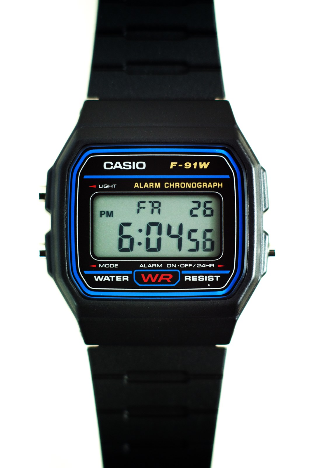 Casio F-91W digital watch with black resin strap and time display