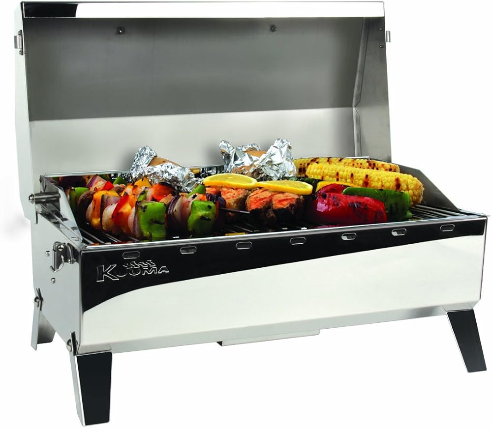 Kuuma Stow N Go 160 rectangular stainless propane grill with folding support legs